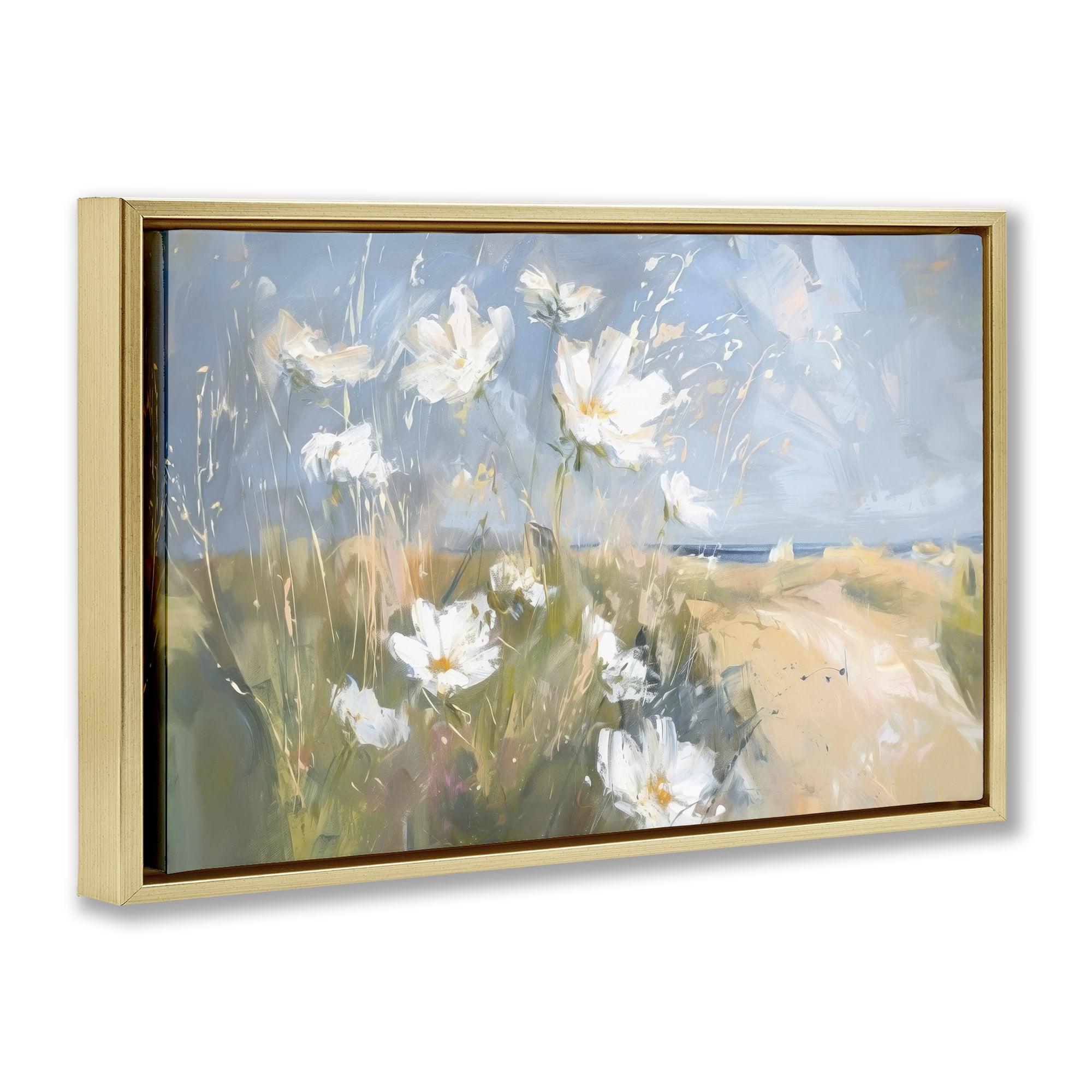 Stupell Industries Seaside Wildflowers Scenery Botanical & Floral Painting Gold Floater Framed Canvas Art Print Wall Art, 25 x 17