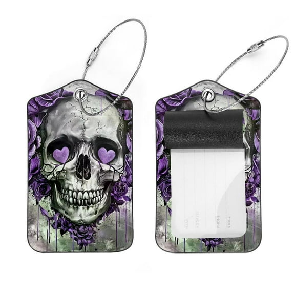 PhooArto 2 PCS Luggage Tag for Suitcase Bag Tags for Backpacks Baggage Handbag School Instrument Tag Label, Purple Rose Skull Love