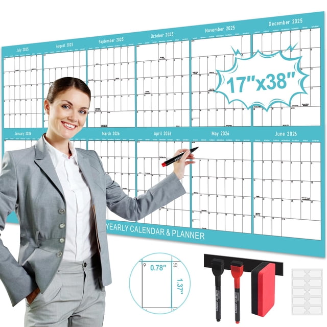 Calendario de pared Gannyfer 2025-2026 de borrado en seco laminado, 43 x 97 cm