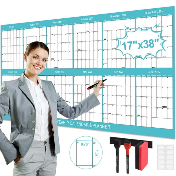 Calendario de pared Gannyfer 2025-2026 de borrado en seco laminado, 43 x 97 cm