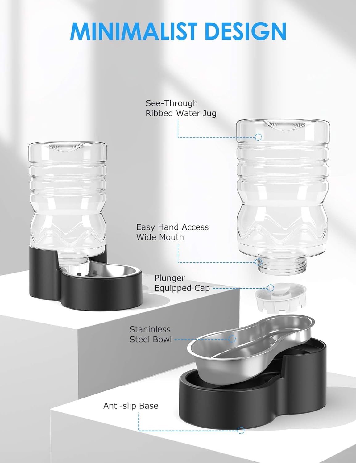 1.7 Gallon Automatic Dog Water Dispenser【Wide Mouth for Easy Hand-in Cleaning】【Removable Stainless Steel Bowl】, Gravity Refilling Large Capacity for Cats and Dogs, Multi-Pet Homes