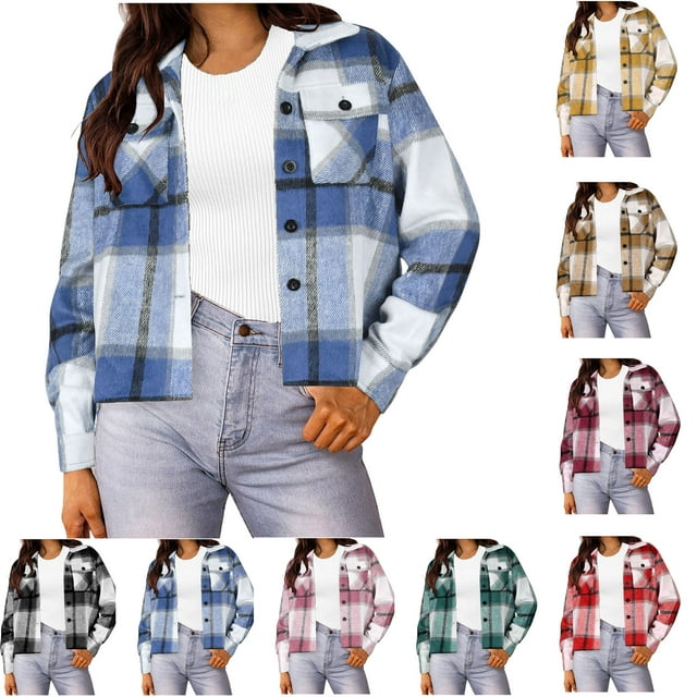 Flannels for Women Cropped Shacket Jacket Fashion Plaid Button Down Shirt 2025 Fall Coat Tops Ndbuld ,Blue,L