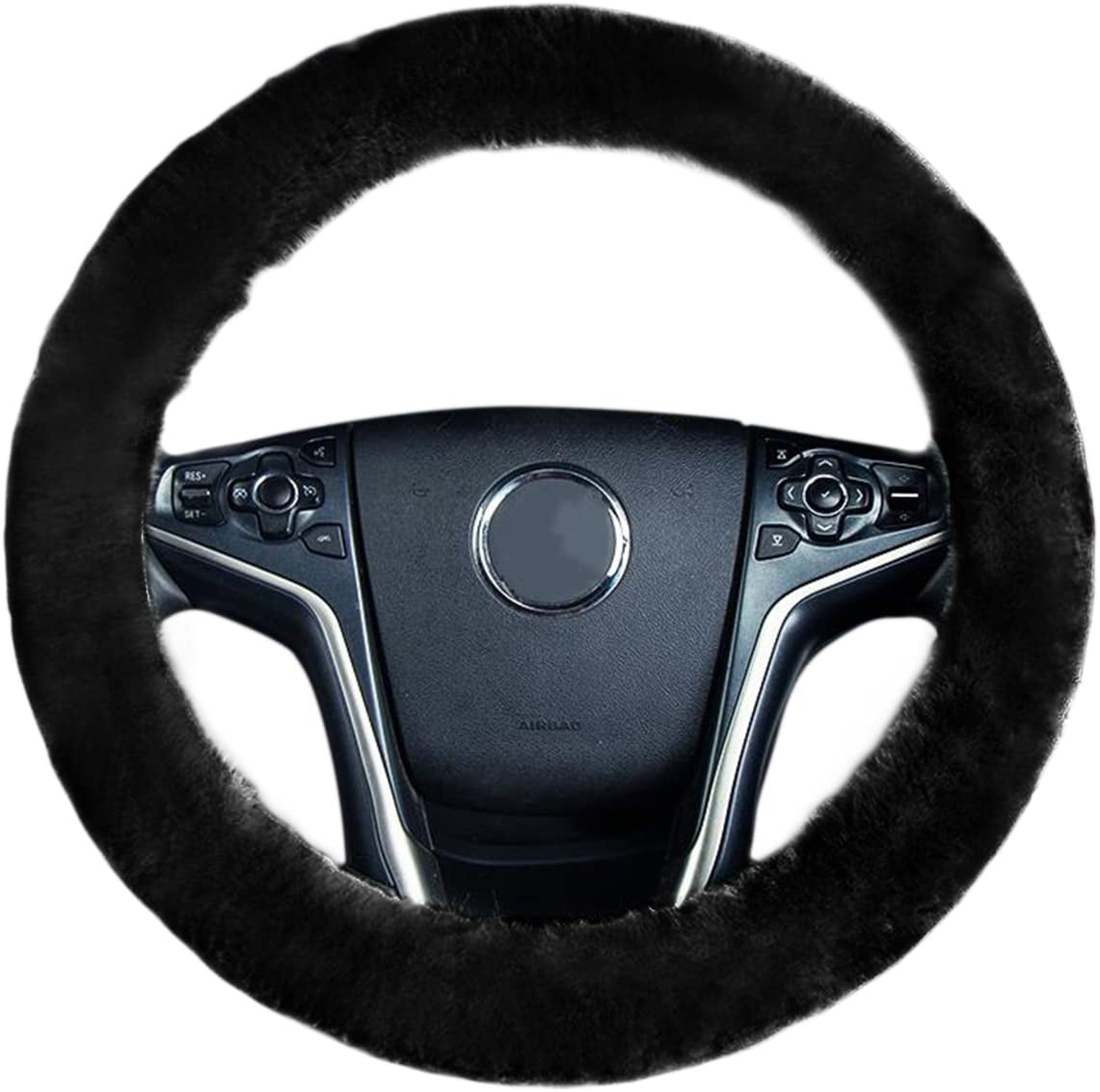 Zone Tech Faux Sheepskin Steering Wheel Cover Plush Stretch on Vehicle, Black Classic Car