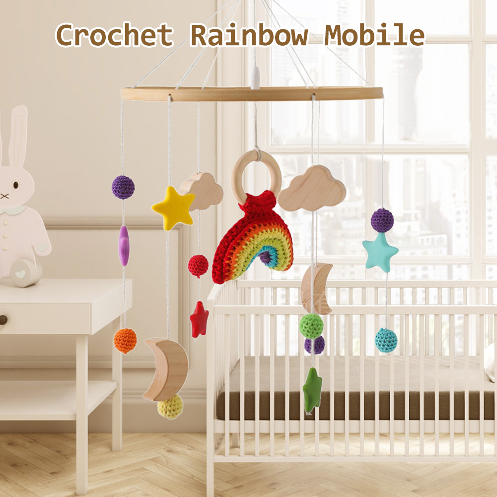 Wooden Baby Crib Bell – Rotating Wind Chime Mobile with Crochet Rainbow & Rocket Pendants, Soothing Hanging Toy for Newborns & Infants