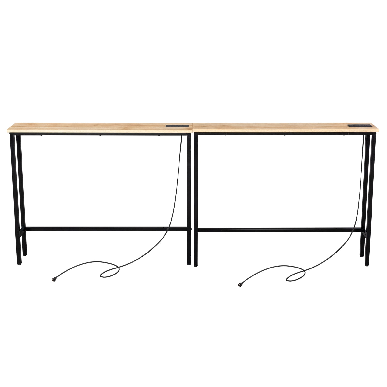 2 Pack 39.4" Narrow Console Sofa Table with Power Outlets and USB Ports, Long Couch Table with Metal Frame and Charge Station with 4.9ft Extension Cord, Oak