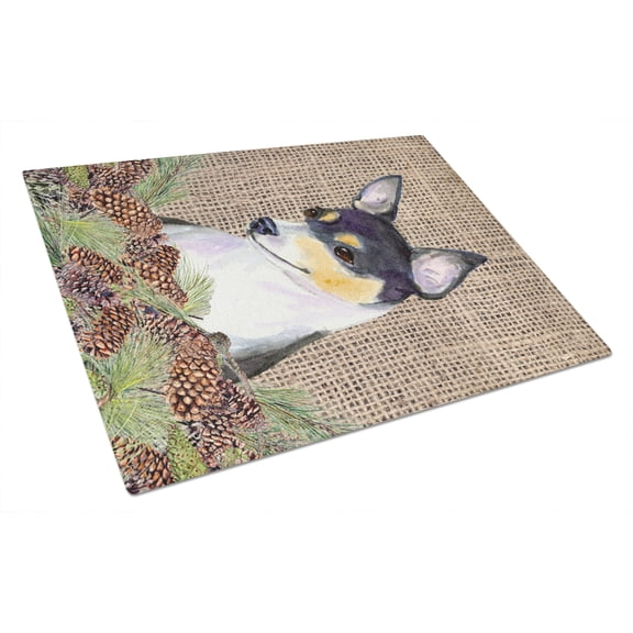 Carolines Treasures SS4064LCB Fox Terrier on Faux Burlap with Pine Cones Glass Cutting Board Large, 12H x 16W,