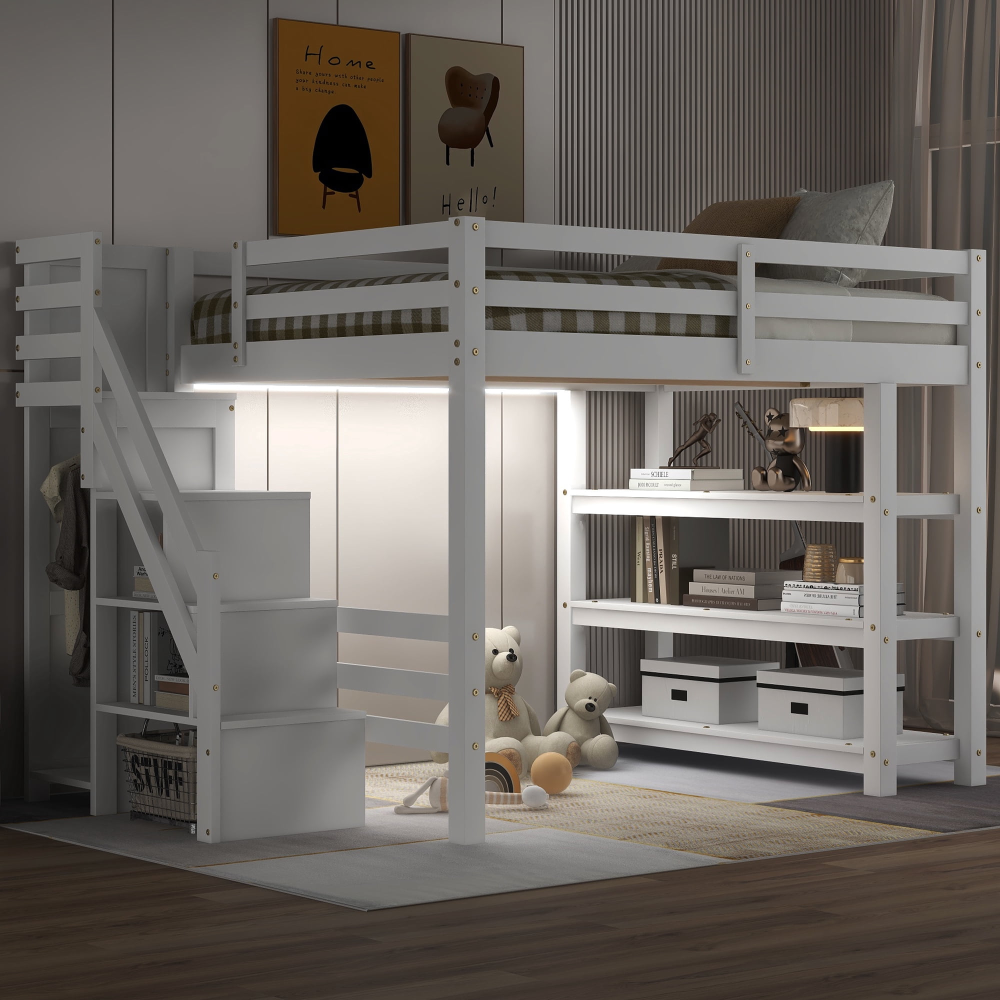 Euroco Wood Full Size Loft Bed with Storage Staircase and Shelves, LED Light and Wardrobe for Kids, White
