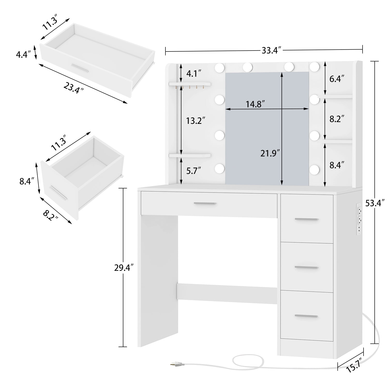 Makeup Vanity Set with Mirror & Lights, Vanity Desk with 4 Drawers, Vanity Table with Power Outlet, 3 Color Modes & Adjustable Brightness