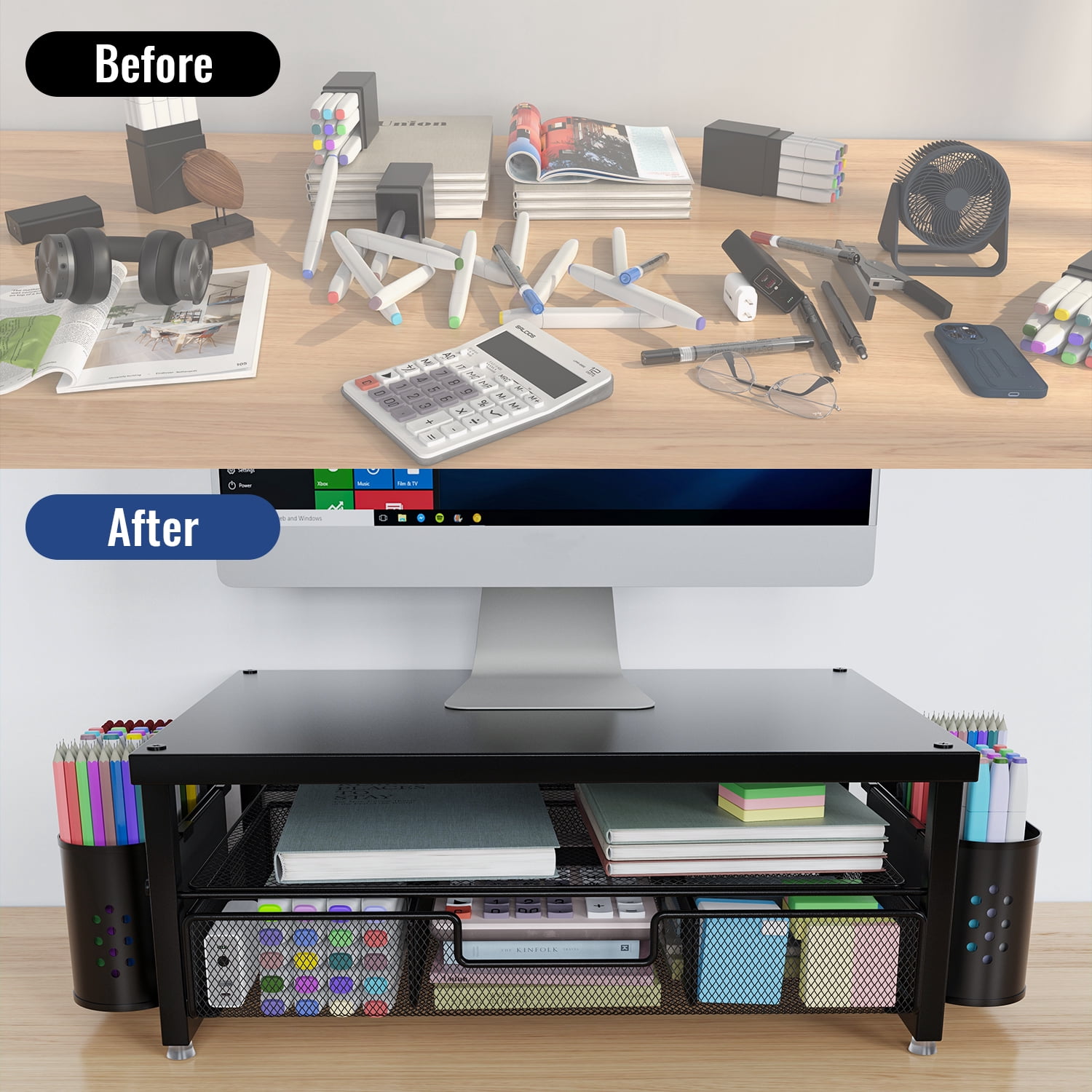 MEHOOM 3-Tier Monitor Stand Riser with Drawer and Pen Holders, Desk Organizer and Accessories for Laptop, Office, and Dorm Desktop Setup, Black