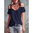 thumbnail image 4 of Women Cold Shoulder Ruffle Trim Top V Neck Short Sleeve Casual Blouse Navy Blue XL, 4 of 6
