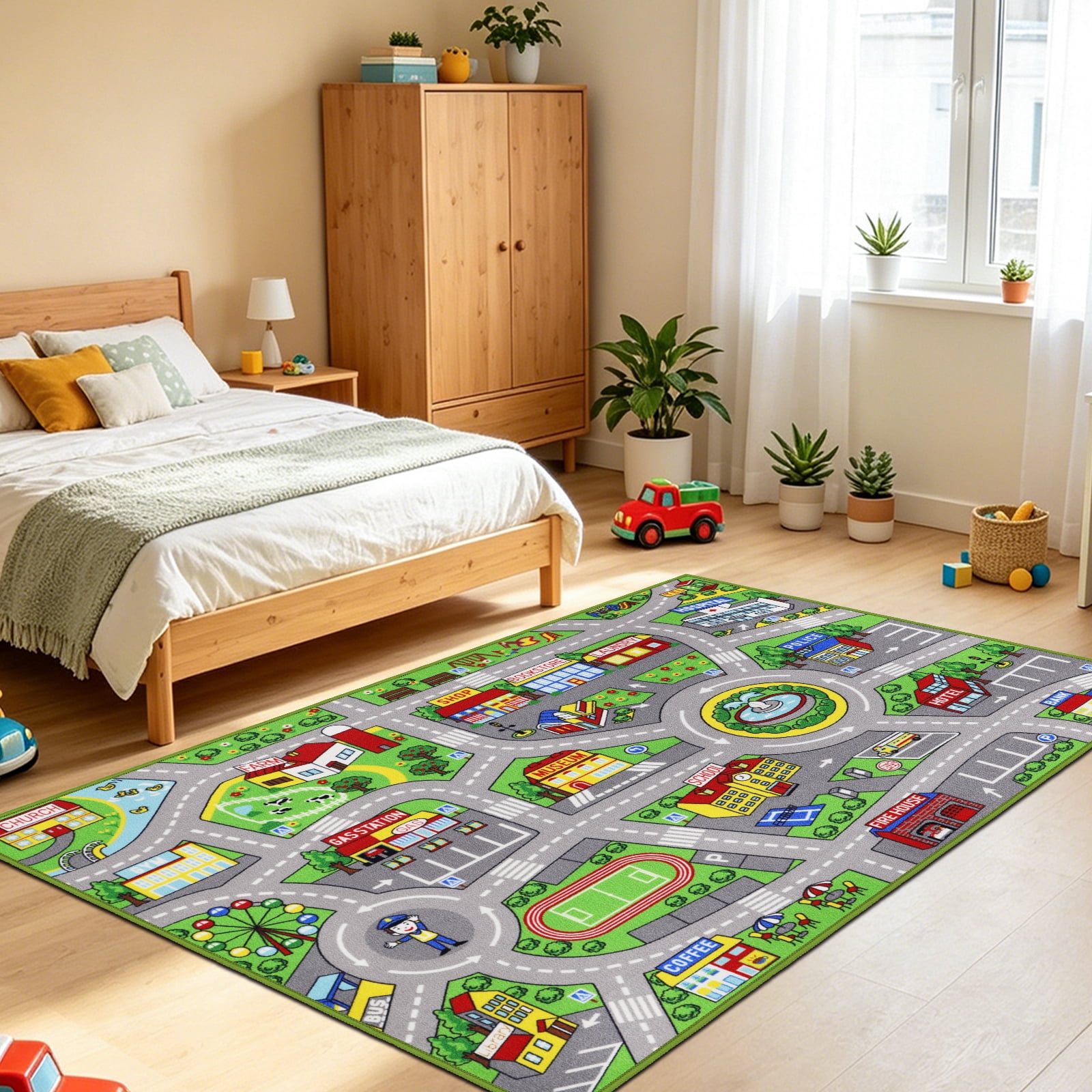ORGOWEL Kids Carpet Playmat Area Rug Car Mat Play Rug for Playroom Educa tional Car Mat Machine Washable Non-Slip Kids Rug for Bedroom, Living Room,39.4"x63",Green