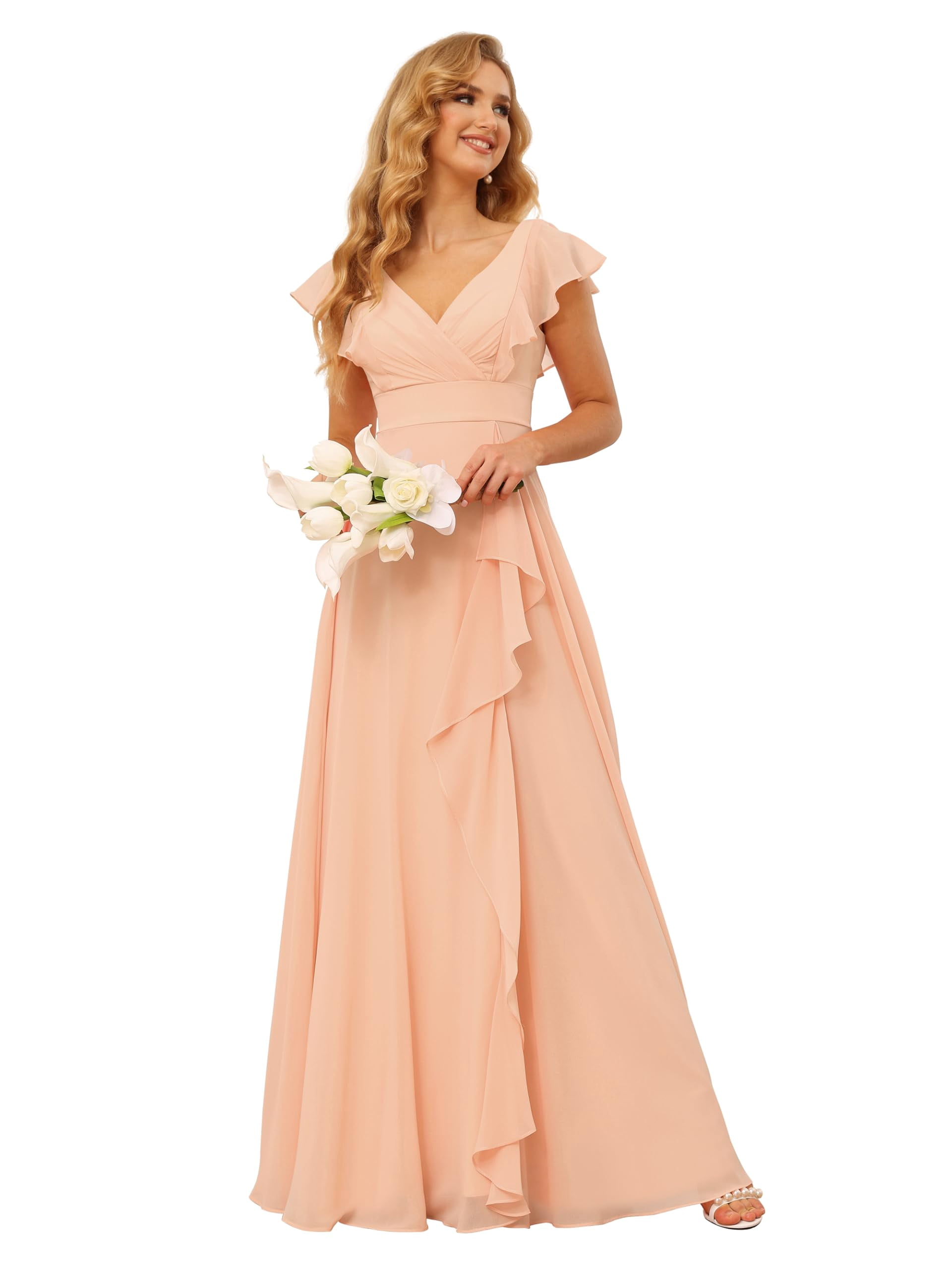 Vestidos de dama de honor de chiffon con tirantes finos y escote en V Rosa Chicle