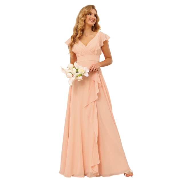 Vestido de dama de honor TIRAS Aline con volantes y cuello en V de chifón rosa rubor