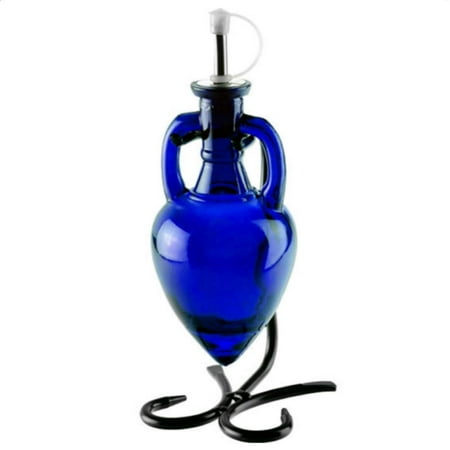 Oil Dispensing Cruet, Soap Dispenser Bottle or Glass Olive Oil Dispenser G47M Cobalt Blue Amphora Style Glass Bottle with Stainless Steel Pour Spout, Cork and Powder Coated Black Metal Stand