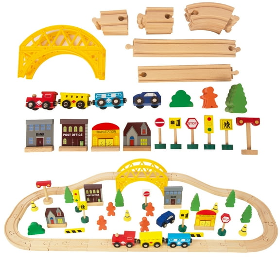 WoodenEdu Double-Side Model Train Sets Easy to Assemble Wood, Yellow, 2.72lbs, 60 Pcs