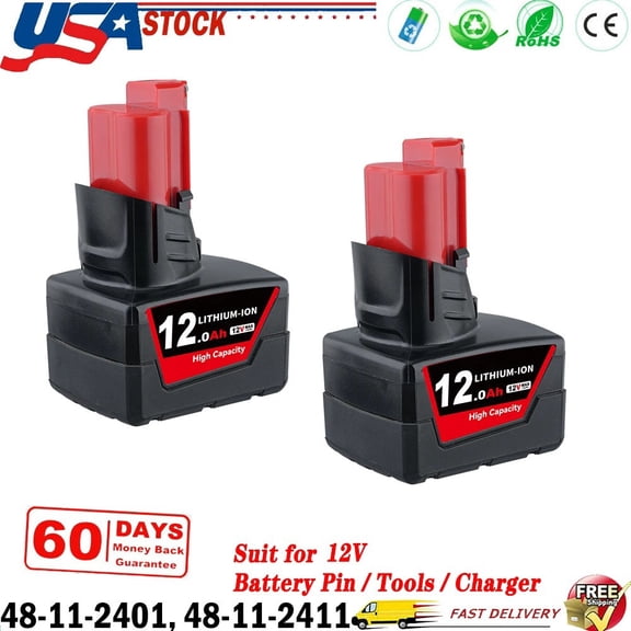 【2PCS】M12 12000mAh 12V Battery Replacement for Milwouke Li-on Batteries Compatible with Original 12Volt Cordless Power Tools 48-11-2411 48-11-2440 48-11-2420 48-11-2401 48-11-2425