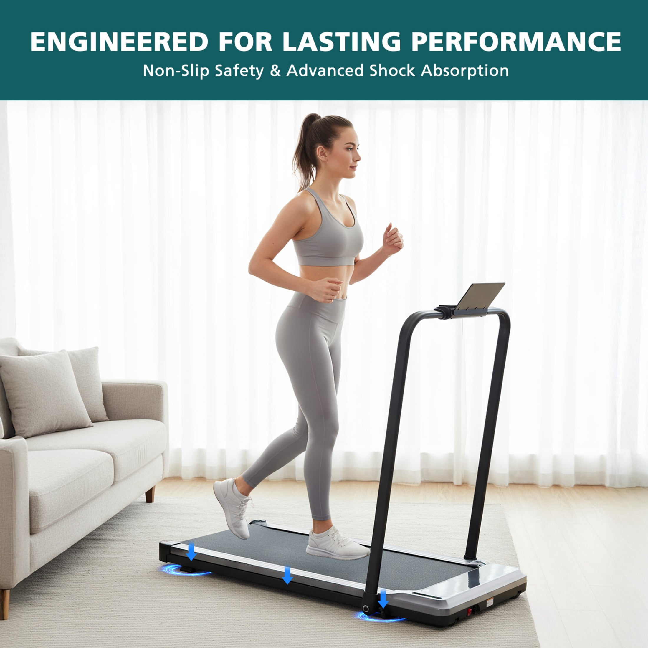 SHOUFTW Under Desk Treadmill with Handle, Portable Quiet Walking Pad with LED Display & Remote, Space-Saving for Home/Office (Silver)