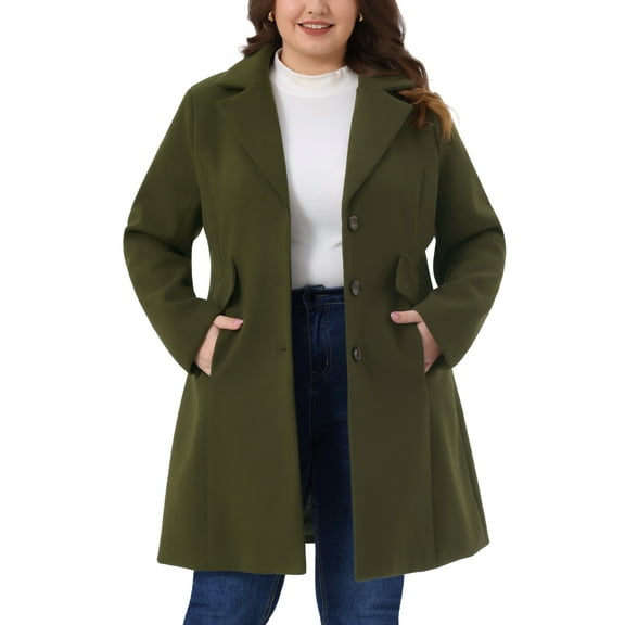 Agnes Orinda Women's Plus Size Winter Coats Notch Lapel Single Breasted Jacket Trendy Dressy Mid Length Pea Coat with Pocket 2025 1X Army Green