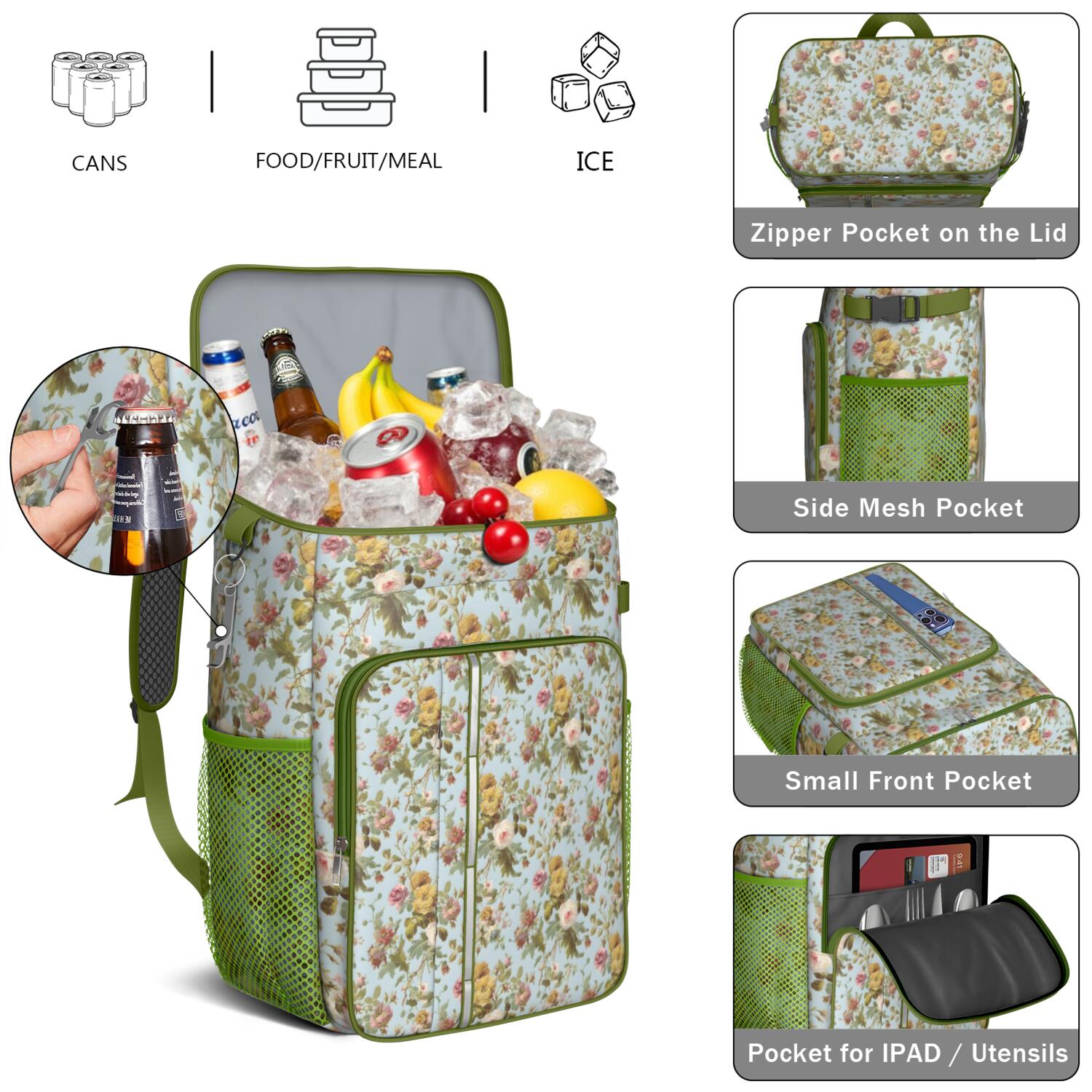 Travel Cooler Bag - Pioneer Flower Floral Print Pattern Camping Beer Cooler Backpack with Bottle Opener- Waterproof Insulated Picnic Backpacks - Cooler Bag for Beach