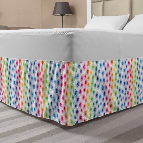 Colorful Bed Skirt, Funky Geometrical Retro Style Spirals Circles Twirled Lines Dots Spots Pattern, Elastic Bedskirt Dust Ruffle Wrap Around for Bedding Decor, 4 Sizes, Multicolor, by Ambesonne