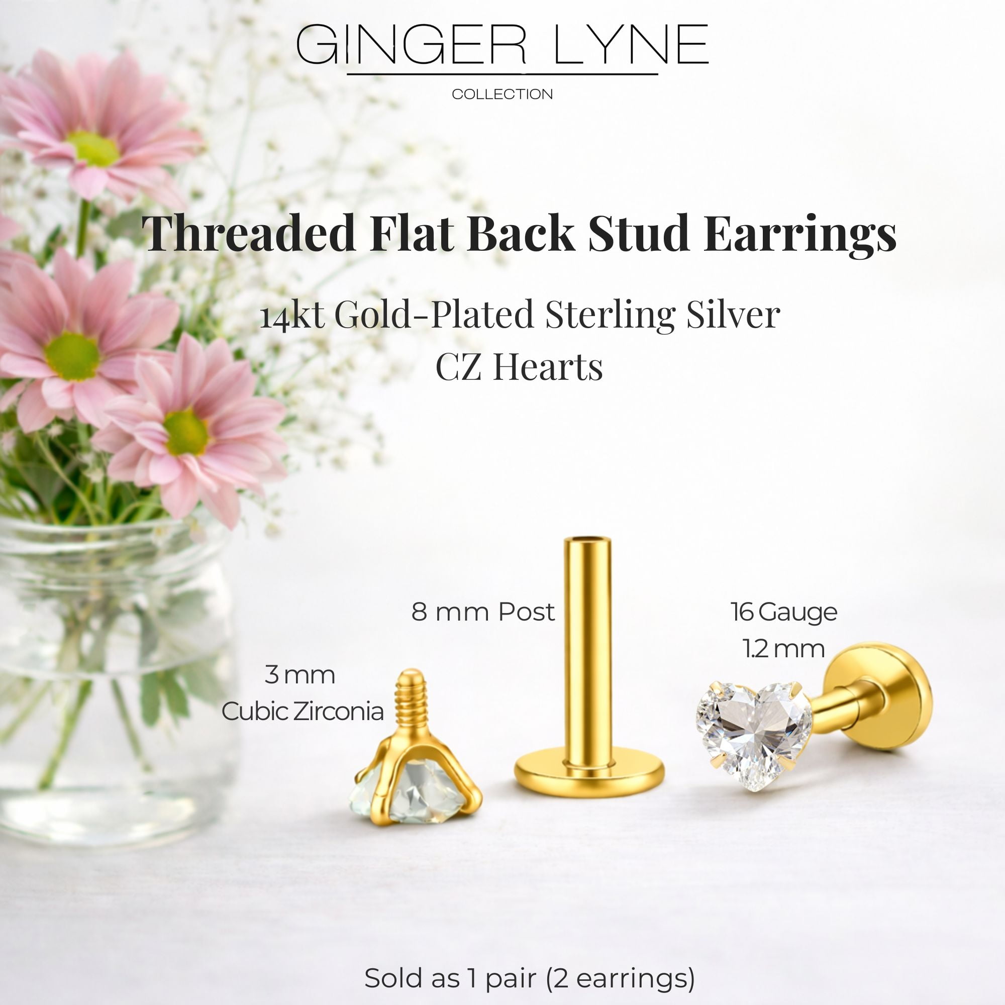 Ginger Lyne Solitaire Heart Flat Back Stud Earrings Sterling Silver Cubic Zirconia Body Jewelry