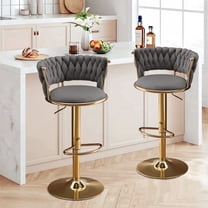 Velvet Swivel Bar Stools Set of 2, Adjustable Height Barstools with Woven Back and Footrest for Kitchen Island, Dining Room, Gray