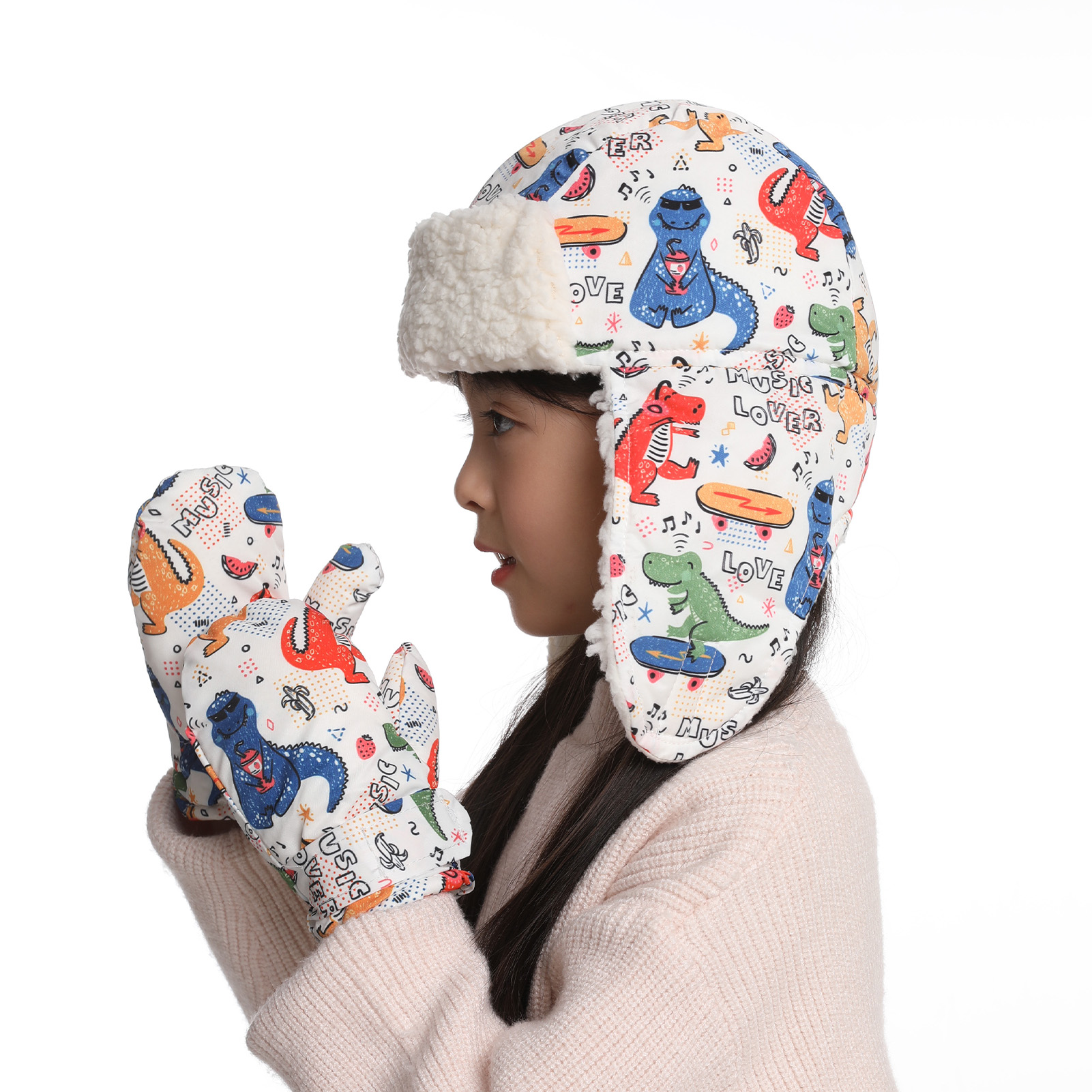 Baby Kids Earflap Hat Gloves Set Thick Fleece Lined Waterproof Snow