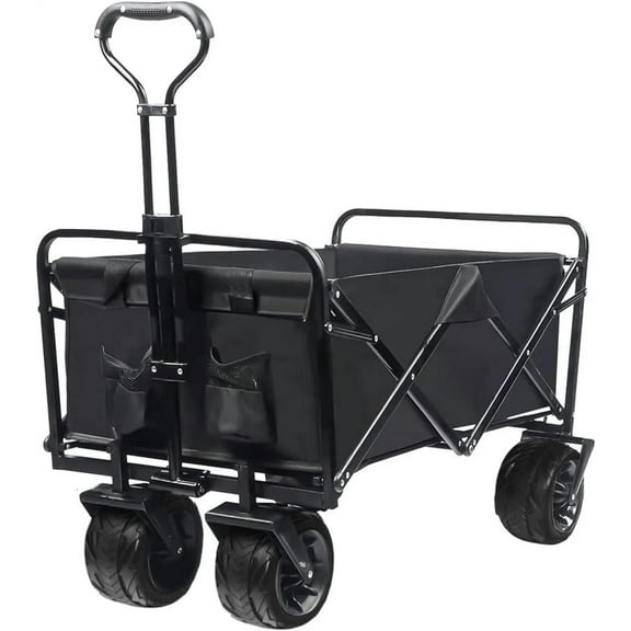 Fishing Cart Collapsible Wagon Cart Heavy Duty Foldable Beach Wagon with Big Wheels for Sand All-Terrain Utility Beach Cart for Sand, Outdoor Sports, Garden Camping (Black)