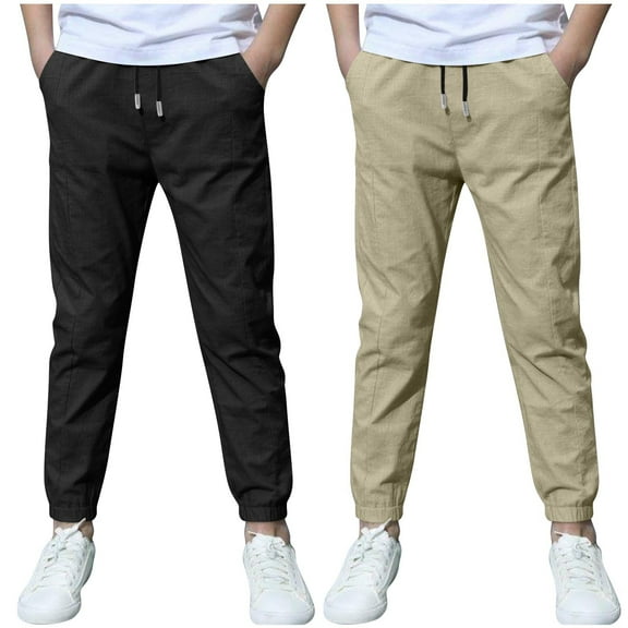 dazeni 2 Pack Boys Chino Bottom Sweatpants Casual Drawstring Pants with Pockets Lightweight Kid's Slim Fit Trousers for Everyday Comfortable Outdoor Activities