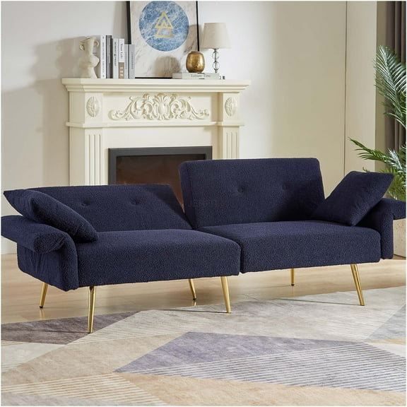JERFIT Modern Convertible Sleeper Sofa Bed with Adjustable Backrest and Golden Legs, Teddy Fabric Loveseat for Small Space, Dark Blue