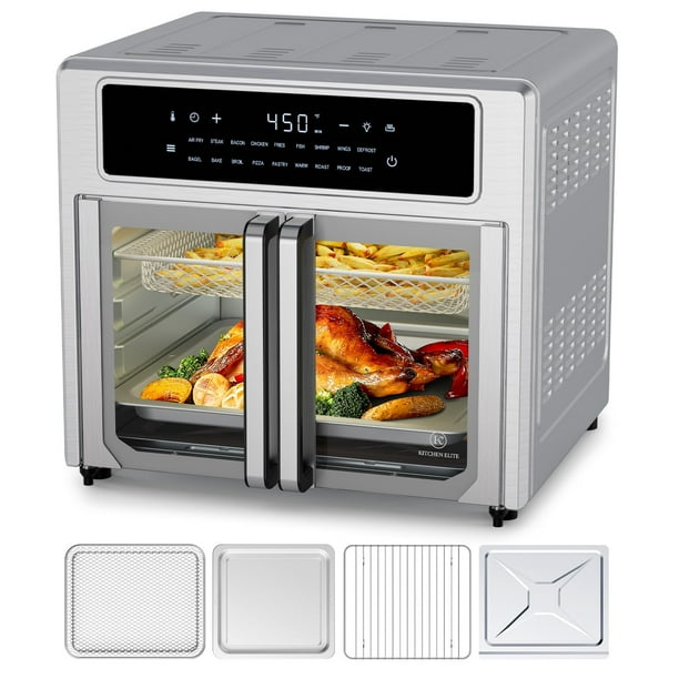 Kitchen Elite Air Fryer Horno de puerta francesa, 26.4 cuartos de galón, fácil limpieza y uso, combo de horno tostador de encimera grande, 18 preajustes, 1 precalentamiento y 1 luz, cocción multicapa,