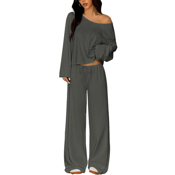 Stichou Women's 2 Piece Matching Lounge Sets Off The Shoulder 2026 Vacation Airport T Shirt with Flowy Wide Leg Pants Lightweight Long Sleeve Lounge Set Dark Gray 2XL
