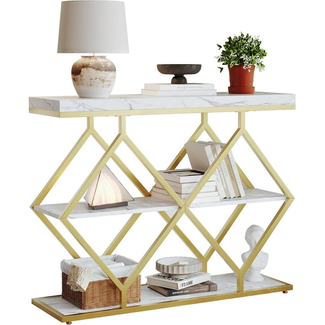 Industrial 3-Tier Entryway Table with Diamond-Shaped Metal Frame - Console Sofa Table with Open Shelves for Hallway & Foyer