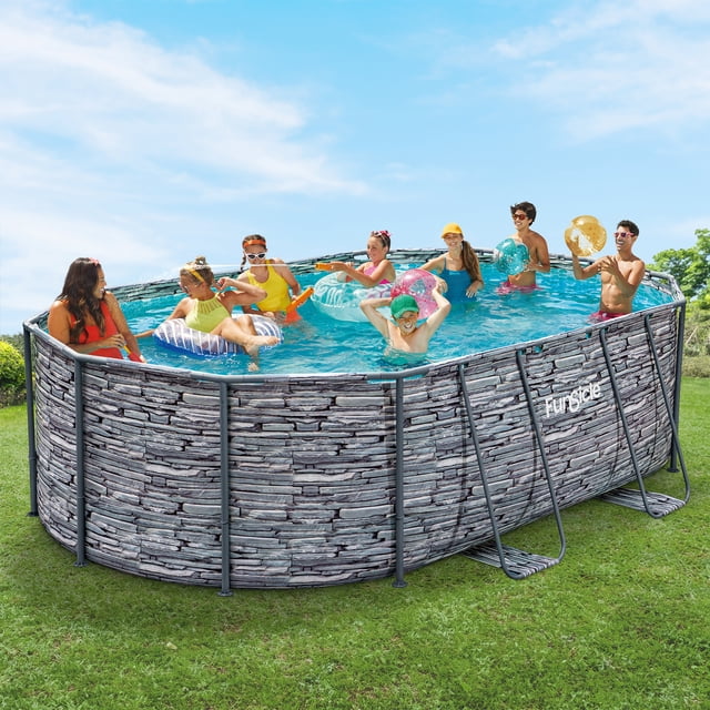 Piscine hors-sol ovale Funsicle Oasis Designer de 4,88 m x 3,05 m x 1,22 m, structure métallique, pompe de filtration et écumeur 2 en 1, à partir de 6 ans