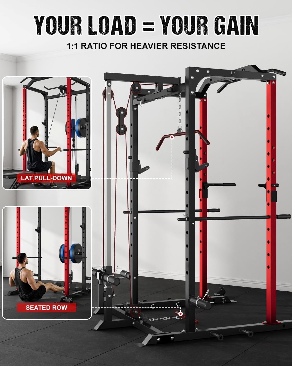 2000LBS Power Cage Squat Rack with LAT Pulldown System, Multi-Function Weight Cage Strength Training Machine, Home Gym Workout Cage with Multiple Attachments for Garage & Home Fitness