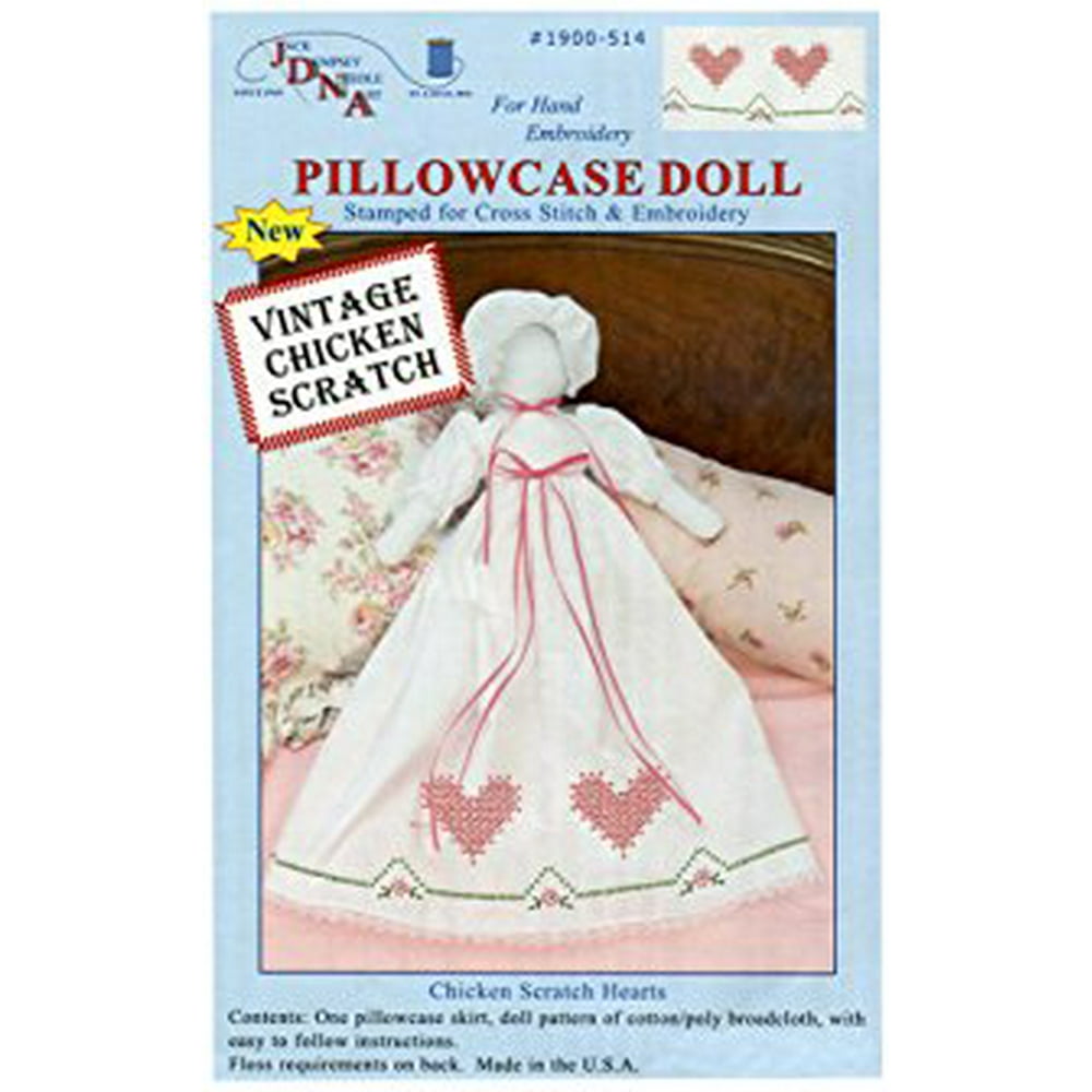 Stamped White Pillowcase Doll Kit, Chicken Scratch Hearts