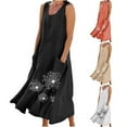 thumbnail image 4 of Tejiojio 2024 Women's Sleeveless Cotton And Linen Round Neck Printed Long Dress Womens Casual Mini Dress Loose V Neck Backless Pleated Short Tank Sundress with Pockets, 4 of 10