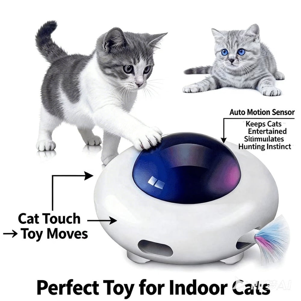 NORVESSA UFO Interactive Cat Toy, Automatic Moving Feather Teaser with 3 Speed Modes, USB Rechargeable Indoor Cat Exercise Toy