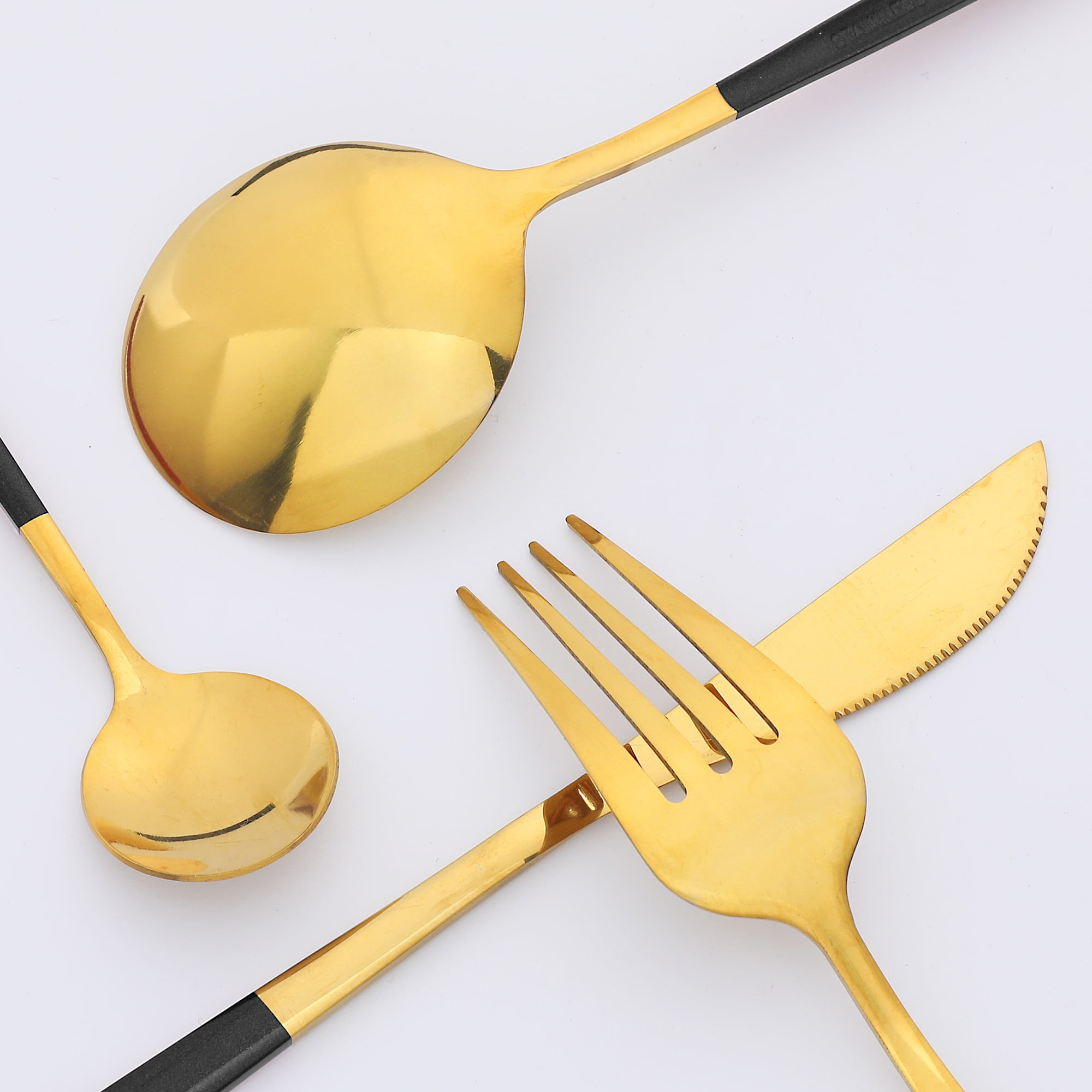 Unique Bargains 16 Pcs Stainless Steel Flatware Set Mirror Polished Cutlery Set Black/Gold