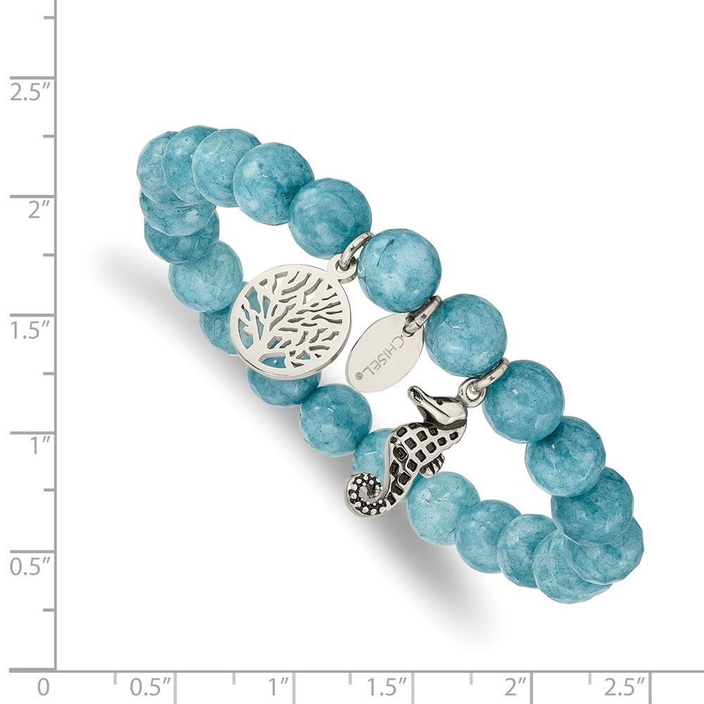 Diamond2Deal Stainless Steel Seahorse and Tree of Life 8mm Blue Dyed Jade Beaded Stretch Bracelet for Women 6.25"