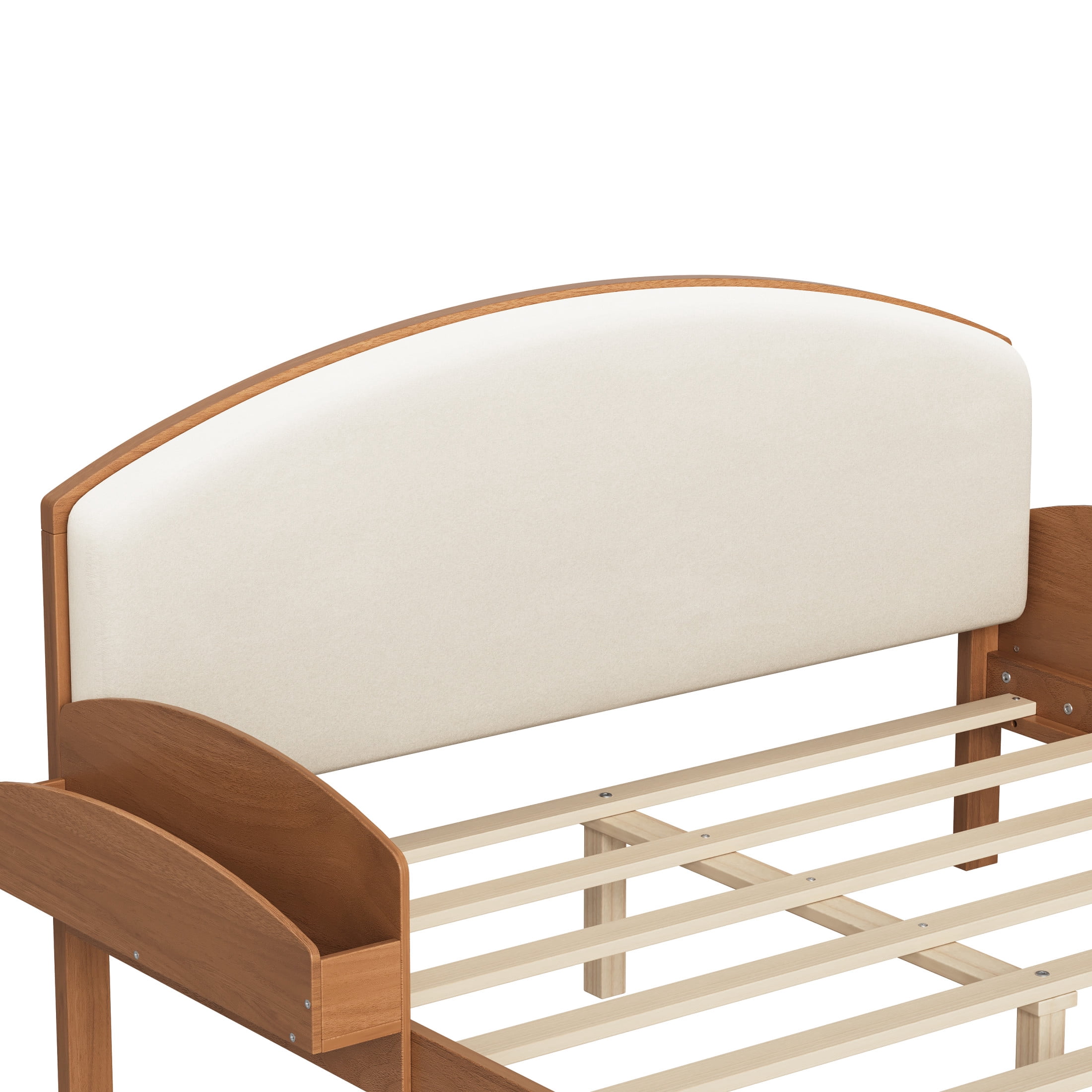 Noble House Full Size Platform Bed with Curved Padded Headboard, Side Storage Shelves, Light Walnut