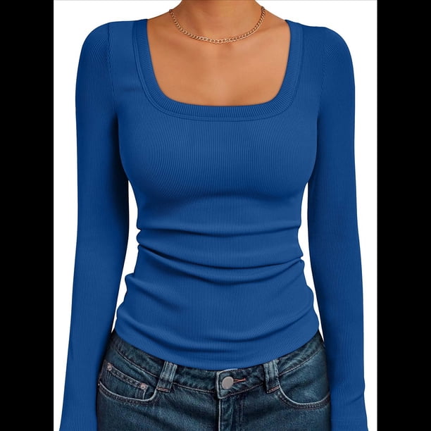 Camisas de Larga para Mujer, Blusas de Cuello Cuadrado, Blusas Básicas de Punto Acanalado, Conjuntos de Otoño, Ropa de Moda Azul Real XL