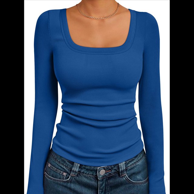 Camisas de Larga para Mujer, Blusas de Cuello Cuadrado, Blusas Básicas de Punto Acanalado, Conjuntos de Otoño, Ropa de Moda Azul Real XL