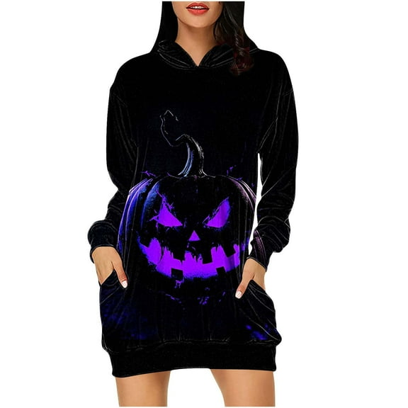 Taqqpue Halloween Print Hoodie Dress for Women Ghost Pumpkin Witch Mini Dresses Halloween Costume Long Sleeve Outfit Cosplay Halloween Party Dress with Pockets