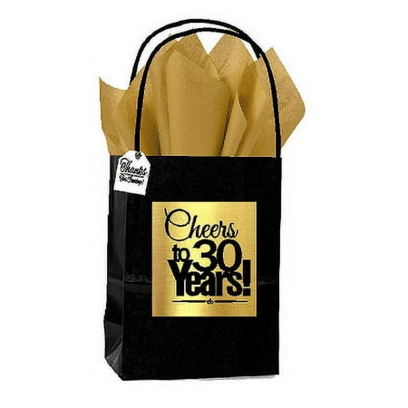 Black & Gold 30th Birthday / Anniversary Cheers Themed Small Party Favor Gift Bags with Tags -12pack