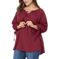 thumbnail image 6 of Agnes Orinda Women's Plus Size Mother's Day Valentines Day 3/4 Sleeves Tie Neck Hollow Out Tunic Peasant Spring Fall Blouse 3X Burgundy, 6 of 9