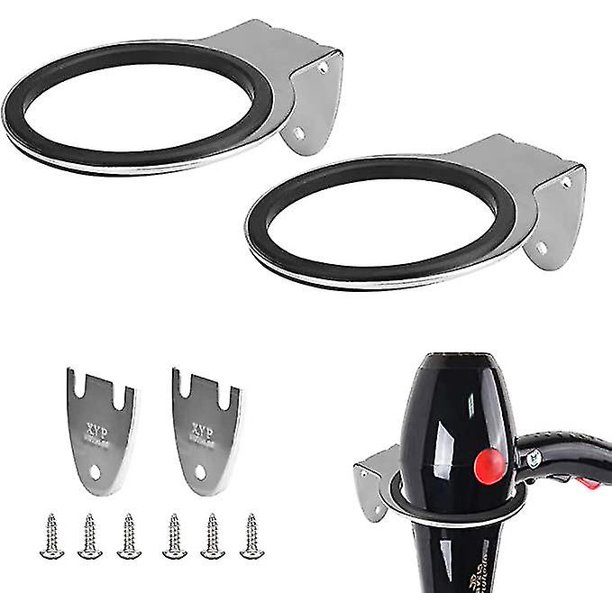 Soporte para secador de pelo de acero inoxidable de 2 piezas, soporte para secador de pelo a prueba de óxido, base para secador de pelo de pared con 2 arandelas de acero inoxidable y 6 torni