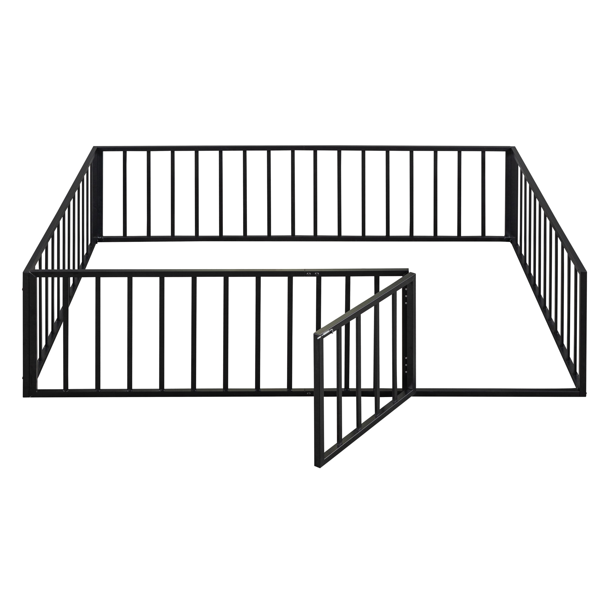Queen Size Floor Bed with Fence and Door, Low Profile Metal Montessori Bed Frame with Slats Supports,Easy Assembly, No Box Spring Needed,Black