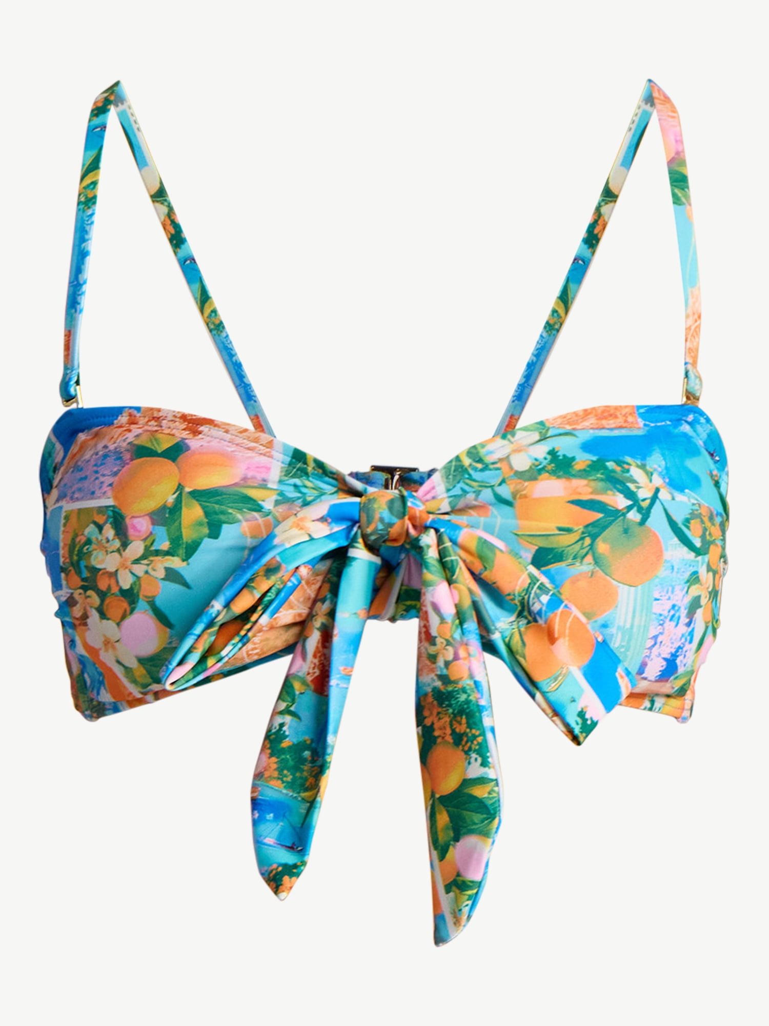 No Boundaries Postcard Printed Tie Front Bikini Top, Women’s