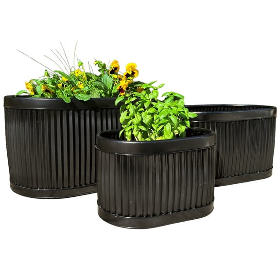 WHW Whole House Worlds French Country Style Oval Planters, Set of 3, Glossy Black, Galvanized Metal, Chubby Ripple Belly, Corrugated Cache Pots, Rustic, Over 2 ft., 24.5, 20 and 14.5 Inches